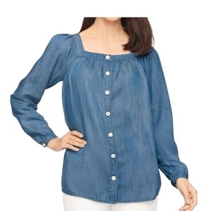Chambray Square Neck Button Front Blouse XS NWT